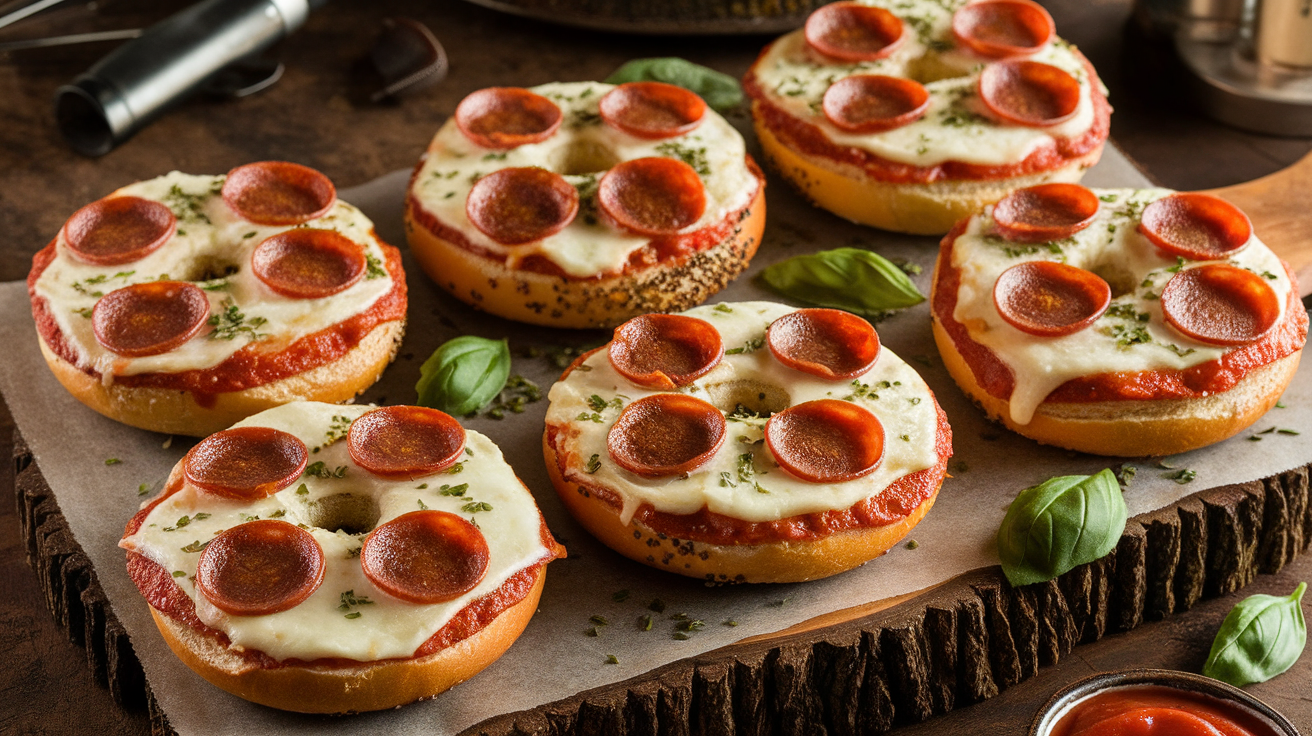 Golden, crispy air fryer pizza bagels topped with melted cheese and pepperoni on a wooden serving board.