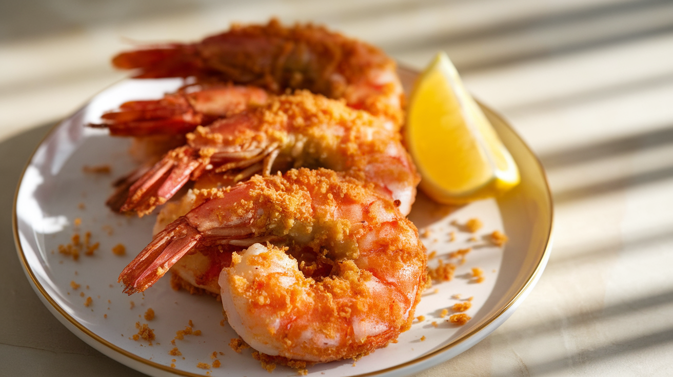 Crispy golden panko-breaded shrimp on a white plate with lemon wedges and dipping sauce, ready in 20 minutes.