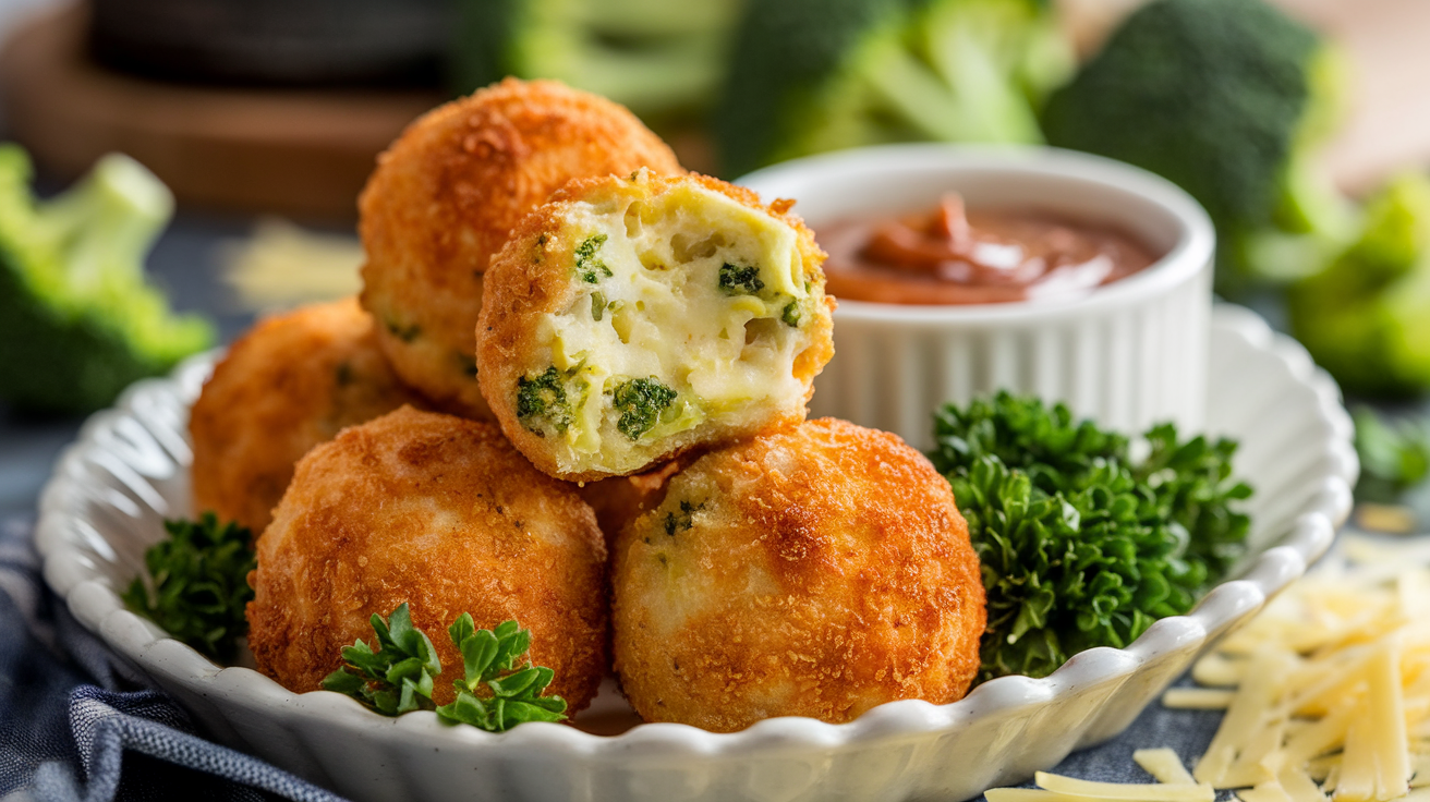 Golden crispy broccoli cheese balls on a white plate with melted cheese stretching, served with a side of marinara sauce.