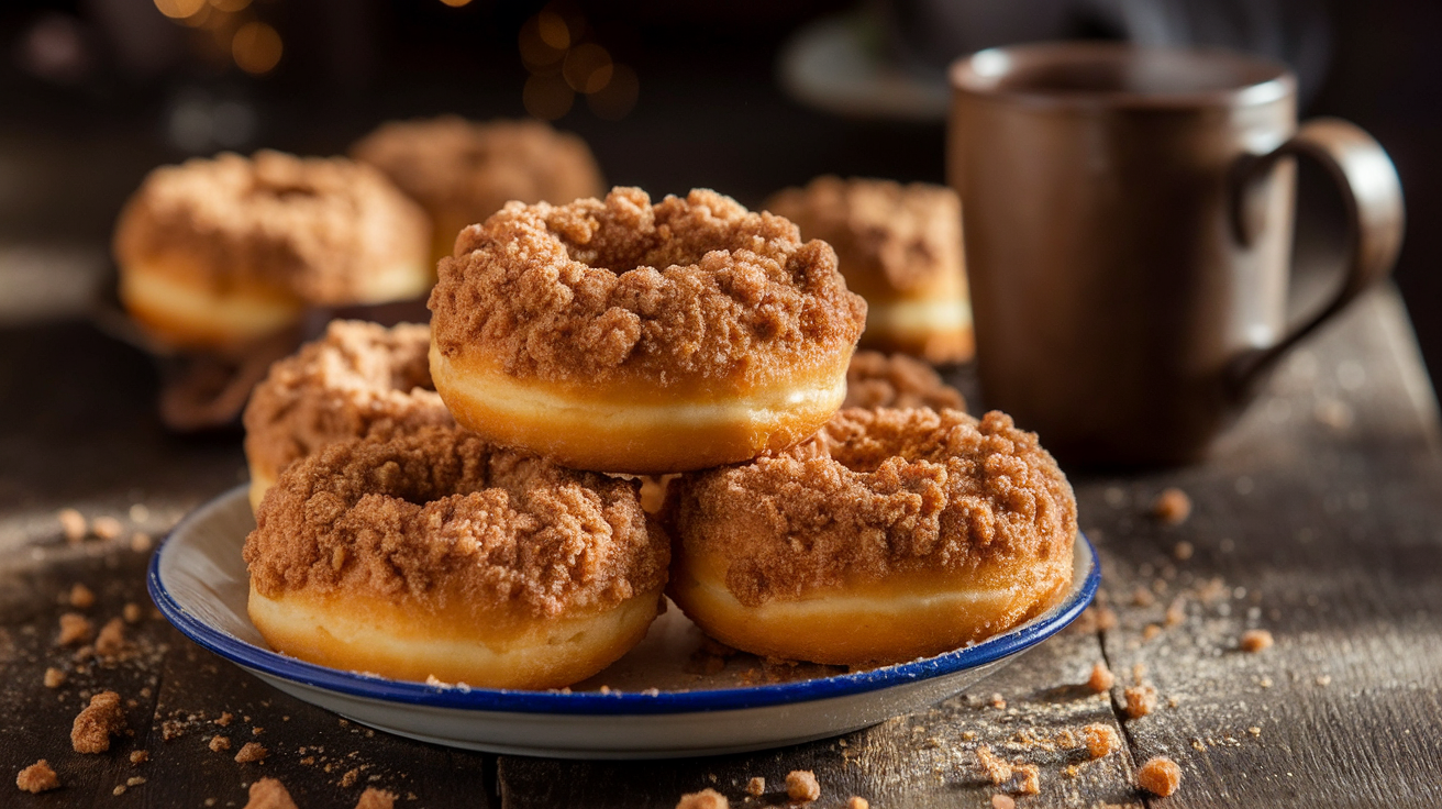 Freshly baked crumb donuts with a golden-brown crust, topped with a thick layer of cinnamon-sugar crumbs, on a white plate.