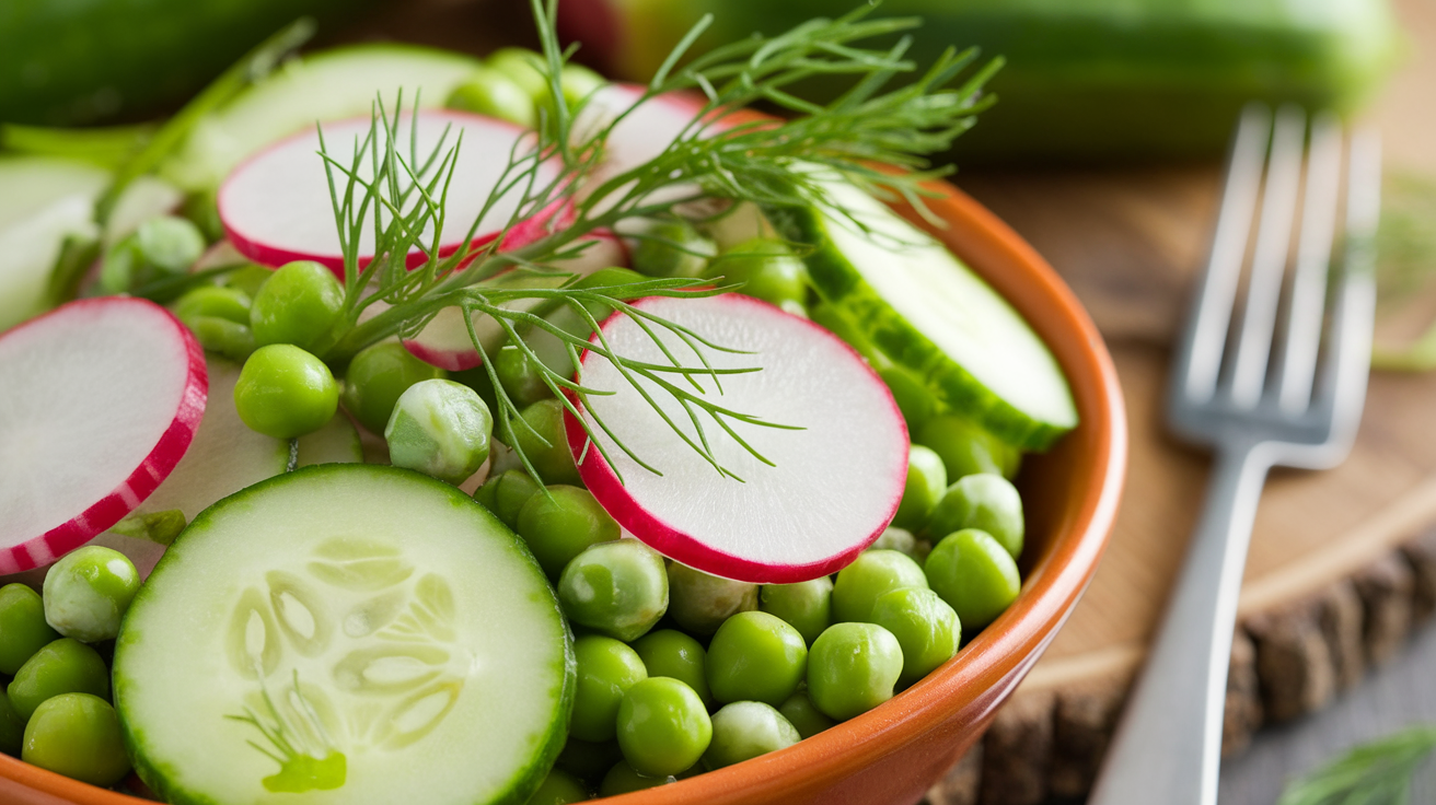 Fresh and vibrant cucumber pea salad with sliced radishes, fresh dill, and a light dressing in a white bowl.