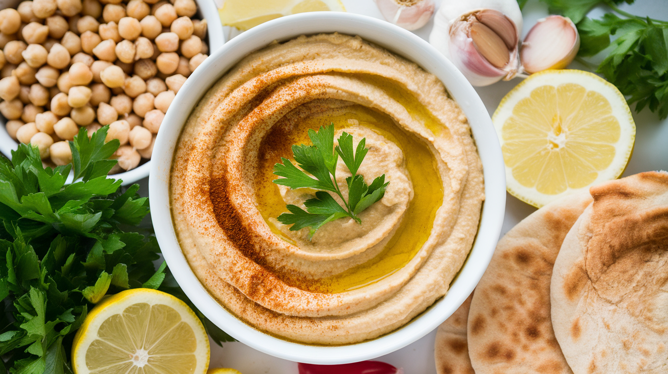 A creamy bowl of homemade hummus garnished with olive oil, paprika, and fresh parsley, served with pita bread slices.