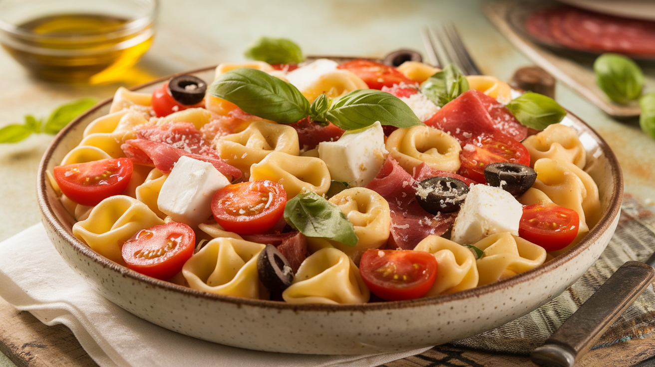 Colorful Italian tortellini pasta salad with cheese-filled tortellini, cherry tomatoes, black olives, fresh basil, and mozzarella pearls in a tangy Italian dressing.