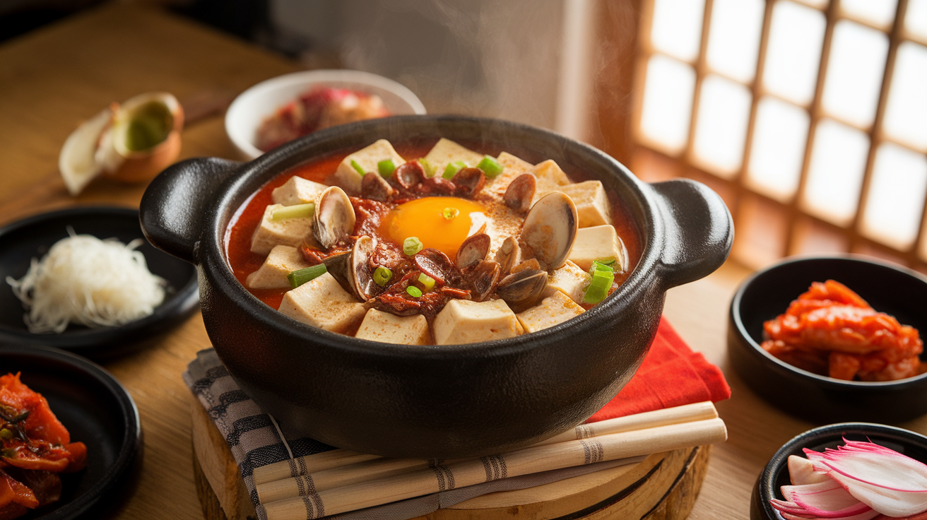 Steaming bowl of Easy Soondubu Jjigae (Korean Soft Tofu Stew) with silken tofu, kimchi, mushrooms, zucchini, and a cracked egg in spicy broth, garnished with green onions.