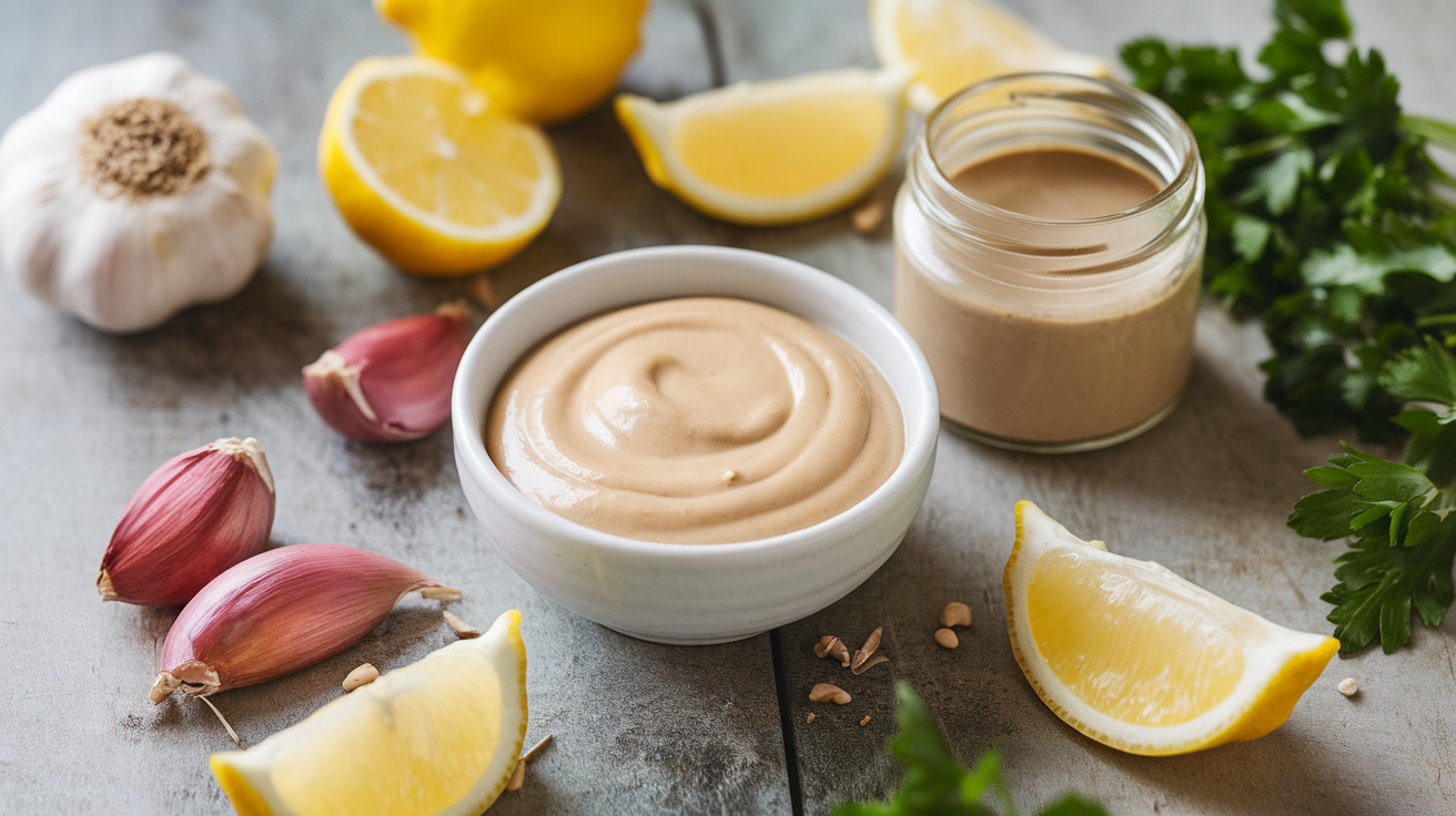 A small bowl of creamy tahini sauce garnished with chopped parsley and a drizzle of olive oil, surrounded by lemon wedges and garlic cloves.