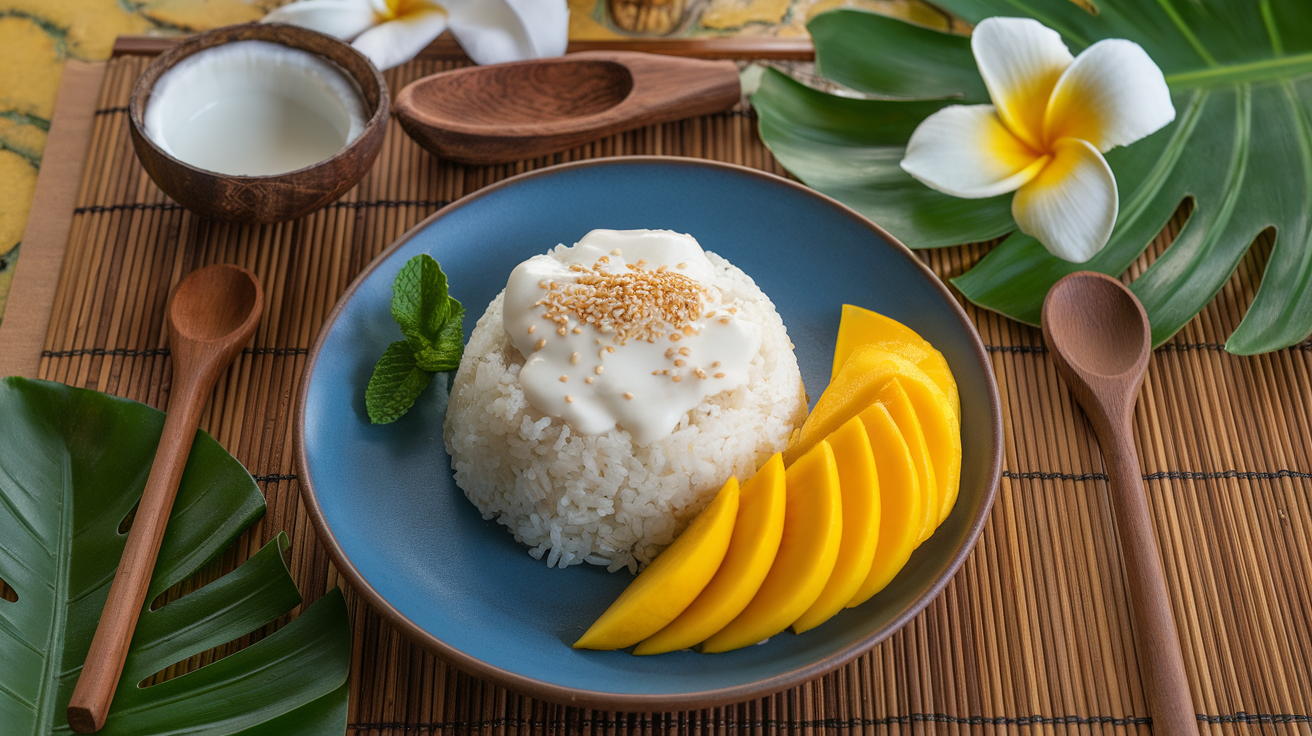 A plate of Thai mango sticky rice with ripe yellow mango slices, glutinous white rice topped with coconut cream, and a sprinkle of toasted sesame seeds.