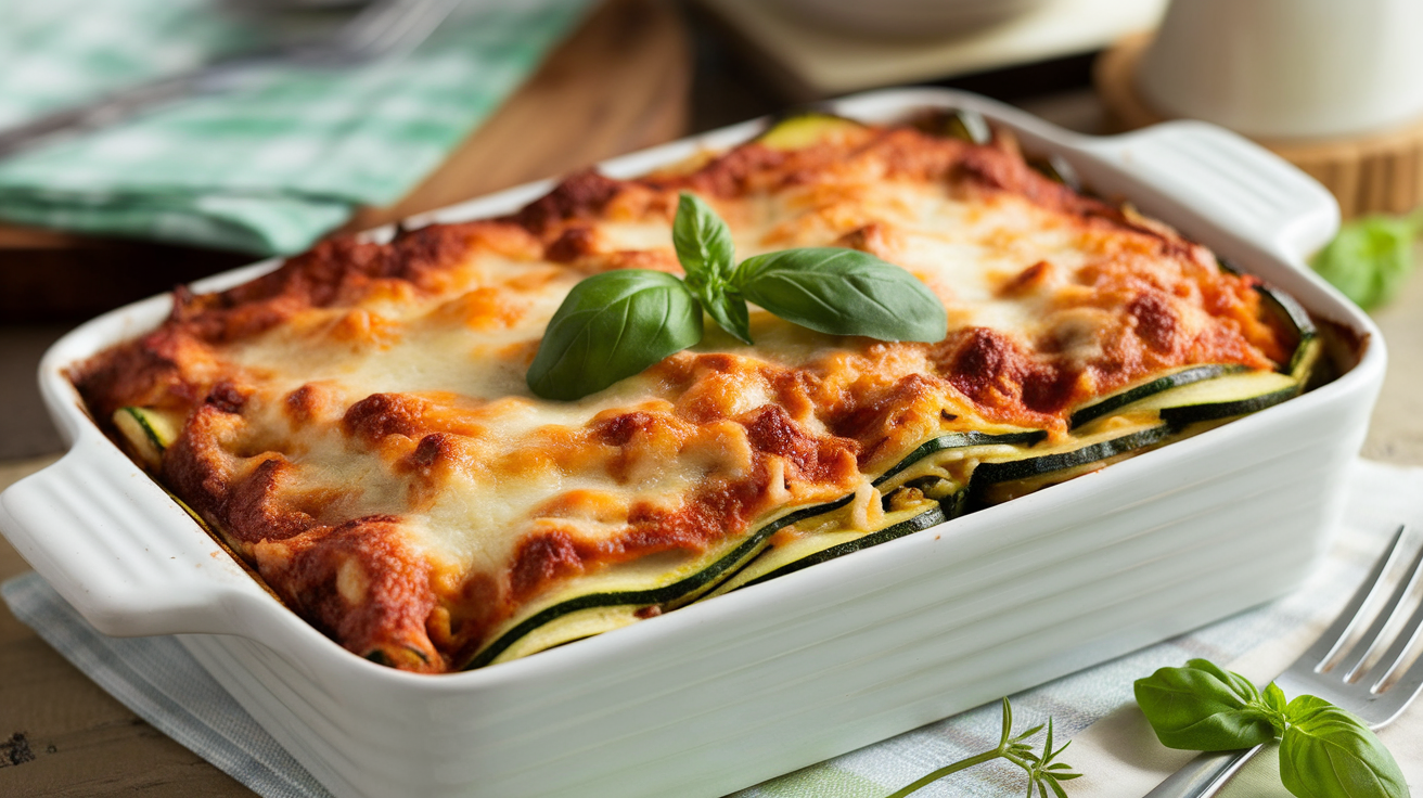 Freshly baked zucchini lasagna with layers of sliced zucchini, melted cheese, tomato sauce, and herbs in a ceramic dish.
