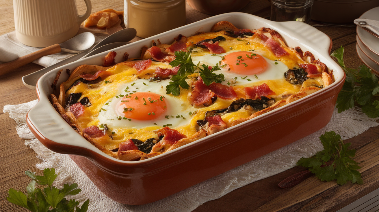Golden-brown egg casserole bake with melted cheese, spinach, mushrooms, and crispy bacon, fresh from the oven.