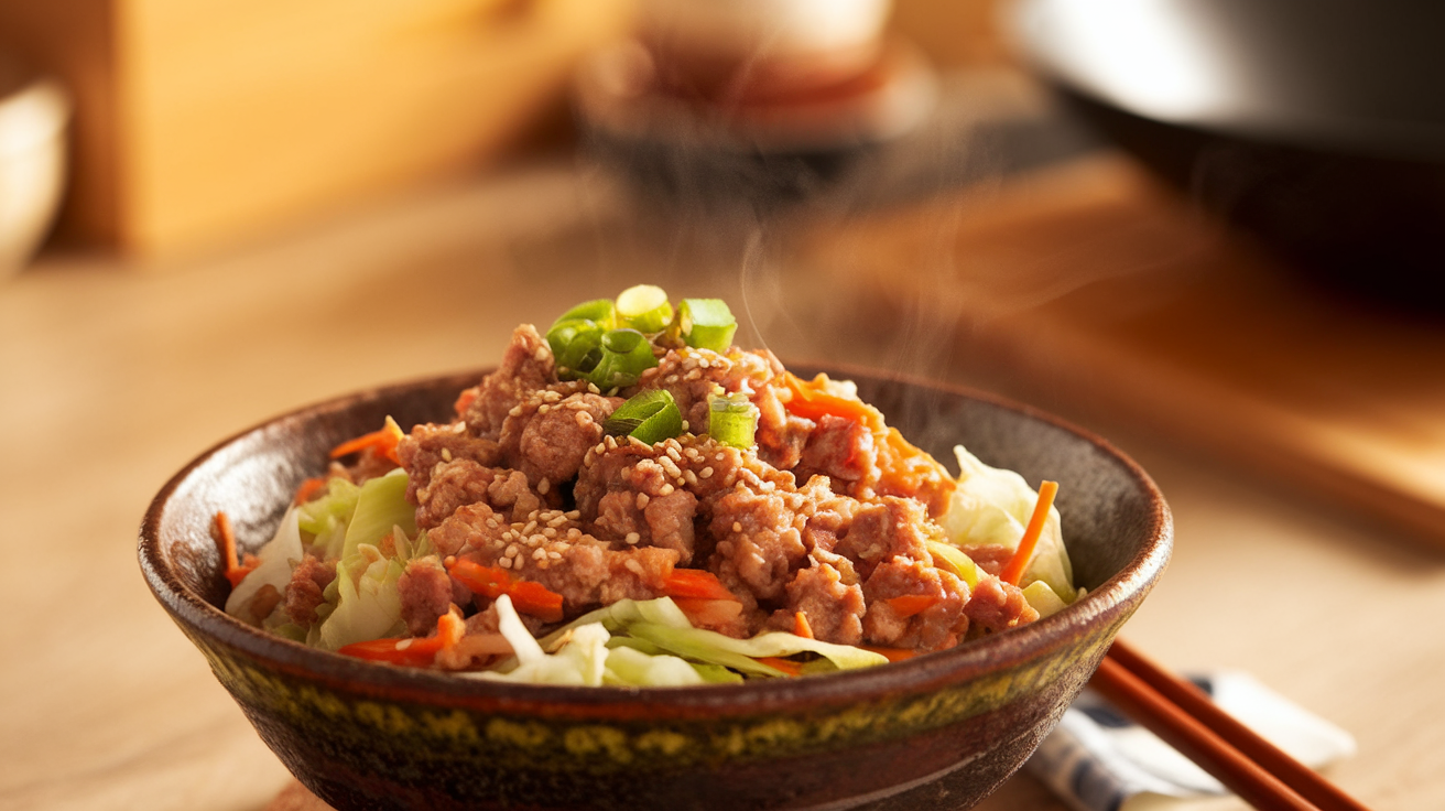 Easy one-pan Egg Roll in a Bowl with ground pork, shredded cabbage, carrots, and green onions in a savory soy-ginger sauce.