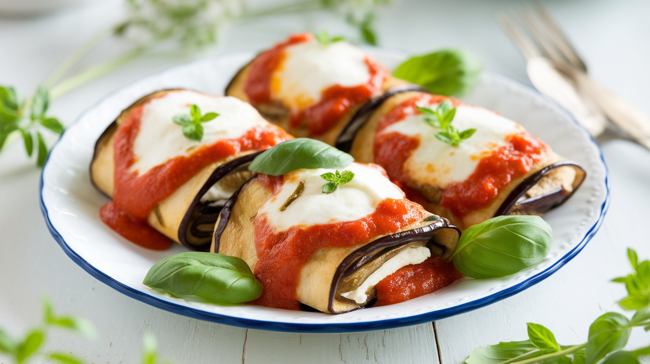 Delicious eggplant rollatini rolls stuffed with ricotta cheese and topped with marinara sauce and melted mozzarella.