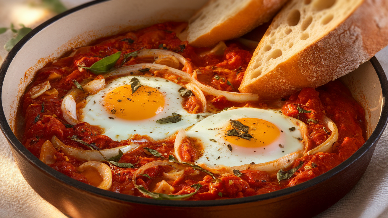 A skillet of Eggs in Purgatory (Uova in Purgatorio) with simmering tomato sauce, runny yolks, and fresh herbs, served with crusty bread.