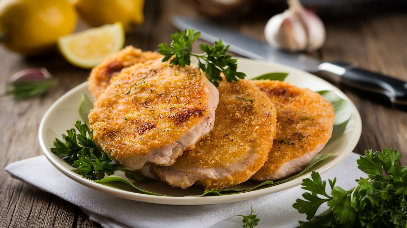 Golden-brown extra crispy chicken cutlets on a white plate with fresh herbs and lemon wedges.