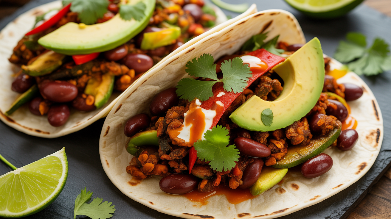 A vibrant plate of spicy vegan tacos topped with fresh avocado, cilantro, and lime wedges.