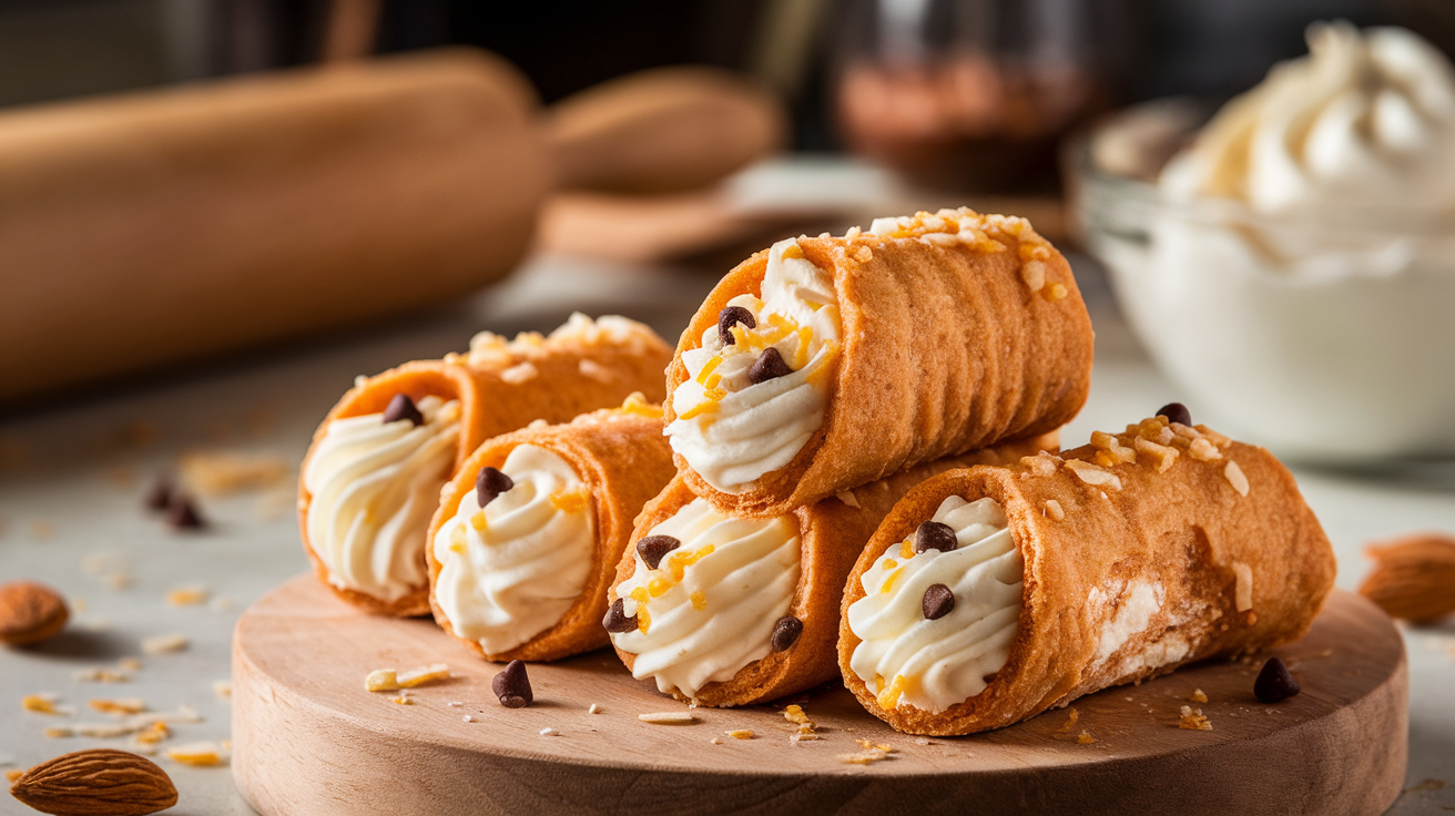 Freshly baked Florentine Cookie Cannoli with crispy almond lace cookies, creamy ricotta filling, and chocolate drizzle on a rustic wooden table.