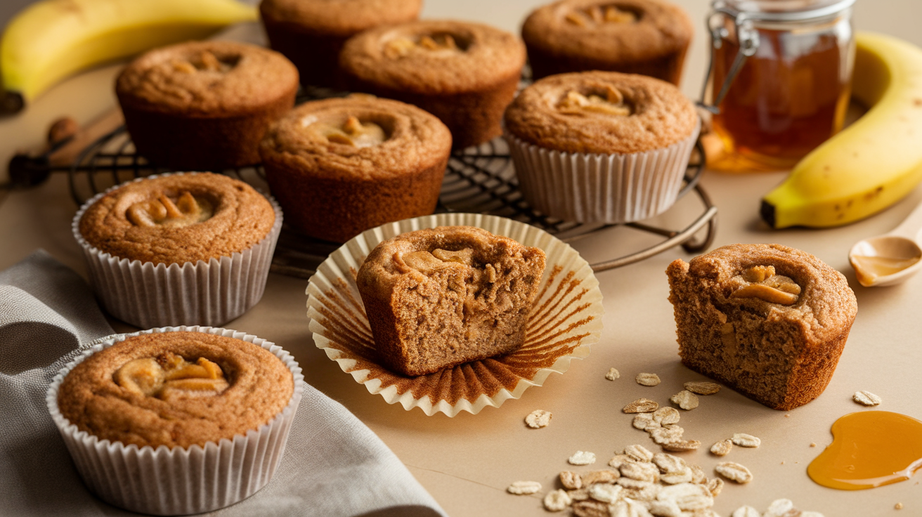 Freshly baked flourless peanut butter banana muffins on a cooling rack, with a sliced banana and peanut butter drizzle on top.