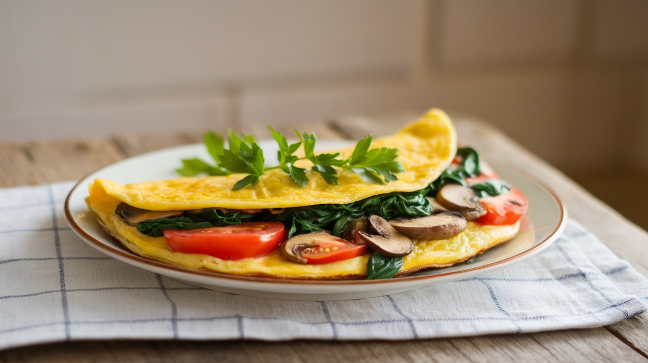 Fluffy golden omelette filled with sautéed spinach, mushrooms, and tomatoes, garnished with fresh herbs on a white plate.