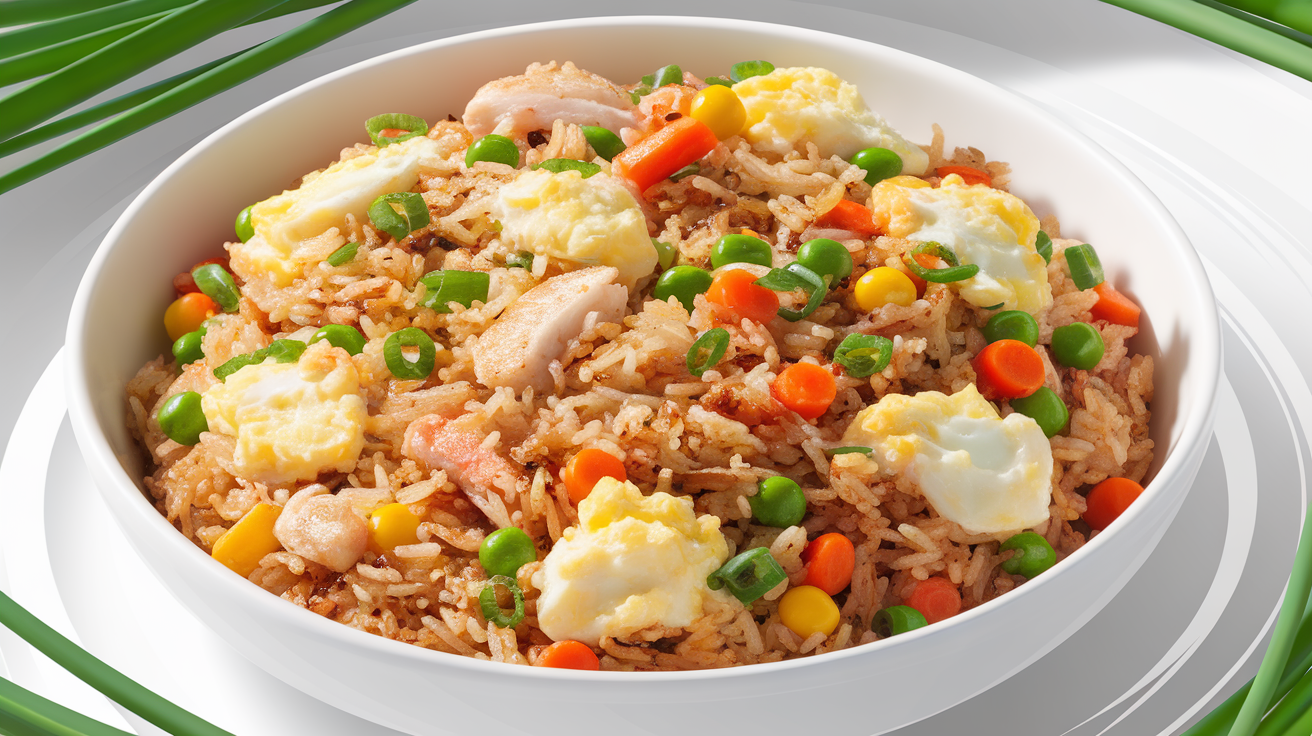 A colorful plate of homemade fried rice with vibrant vegetables, scrambled eggs, and garnished with green onions.