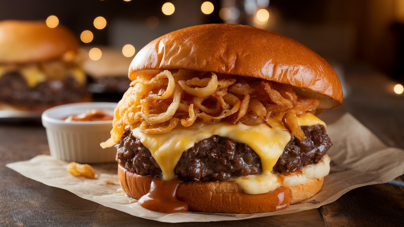 Juicy French Dip Burger with melted Havarti and Swiss cheese, topped with bourbon caramelized onions, served on a toasted brioche bun with a side of au jus for dipping.