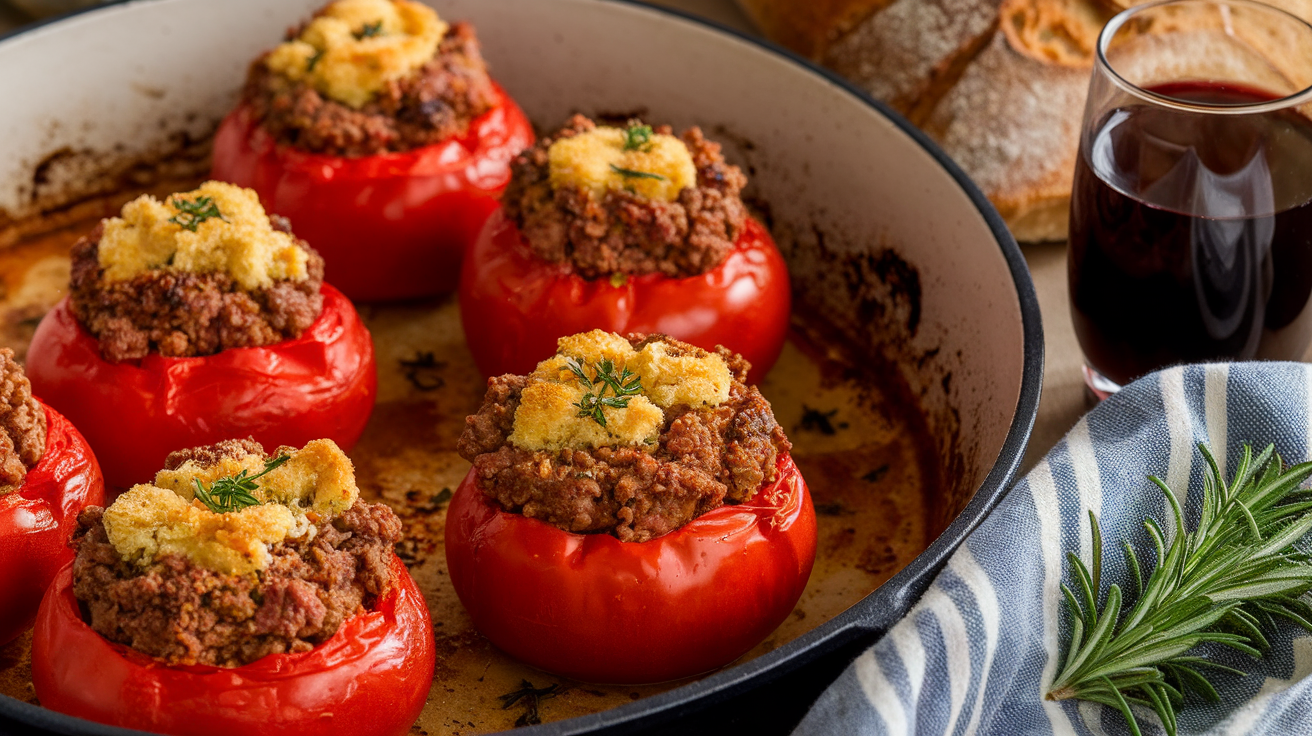 Juicy red tomatoes stuffed with seasoned ground meat, herbs, and breadcrumbs, baked to perfection in a ceramic dish.