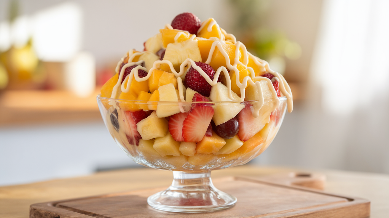 A colorful bowl of fresh fruit salad drizzled with creamy condensed milk.