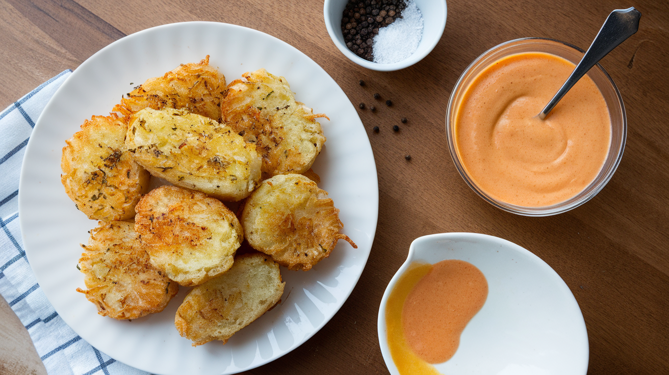 Golden crispy garlic parmesan hashbrowns served on a white plate with fresh parsley garnish.
