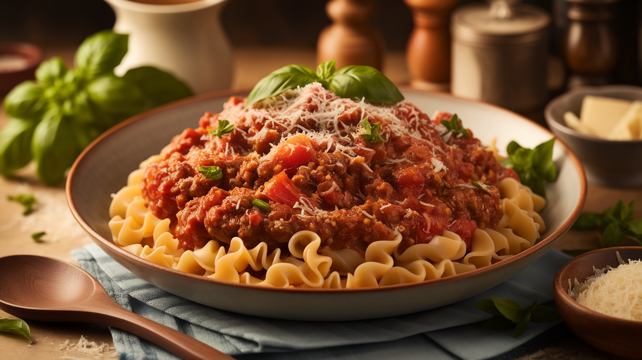 A steaming bowl of Giada De Laurentiis' classic Bolognese sauce with ground beef, tomatoes, and herbs, served over al dente pappardelle pasta, garnished with fresh basil and grated Parmesan cheese.