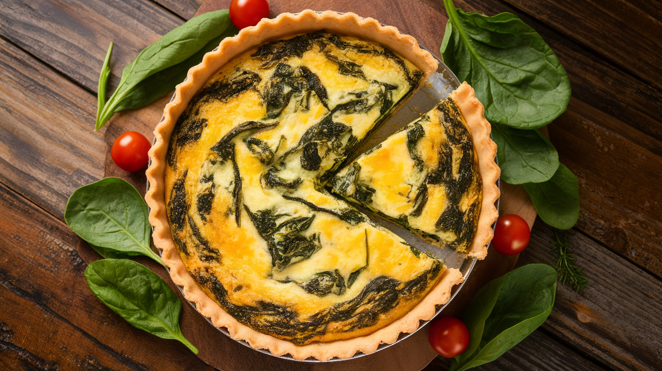 Freshly baked gluten-free spinach quiche with a flaky crust, filled with eggs, spinach, and melted cheese, garnished with fresh herbs.