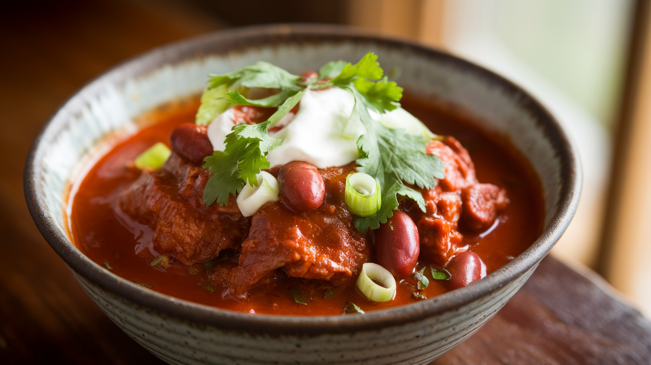 A hearty bowl of Gochujang Chile Con Carne topped with sour cream and chopped green onions, served with a side of cornbread.