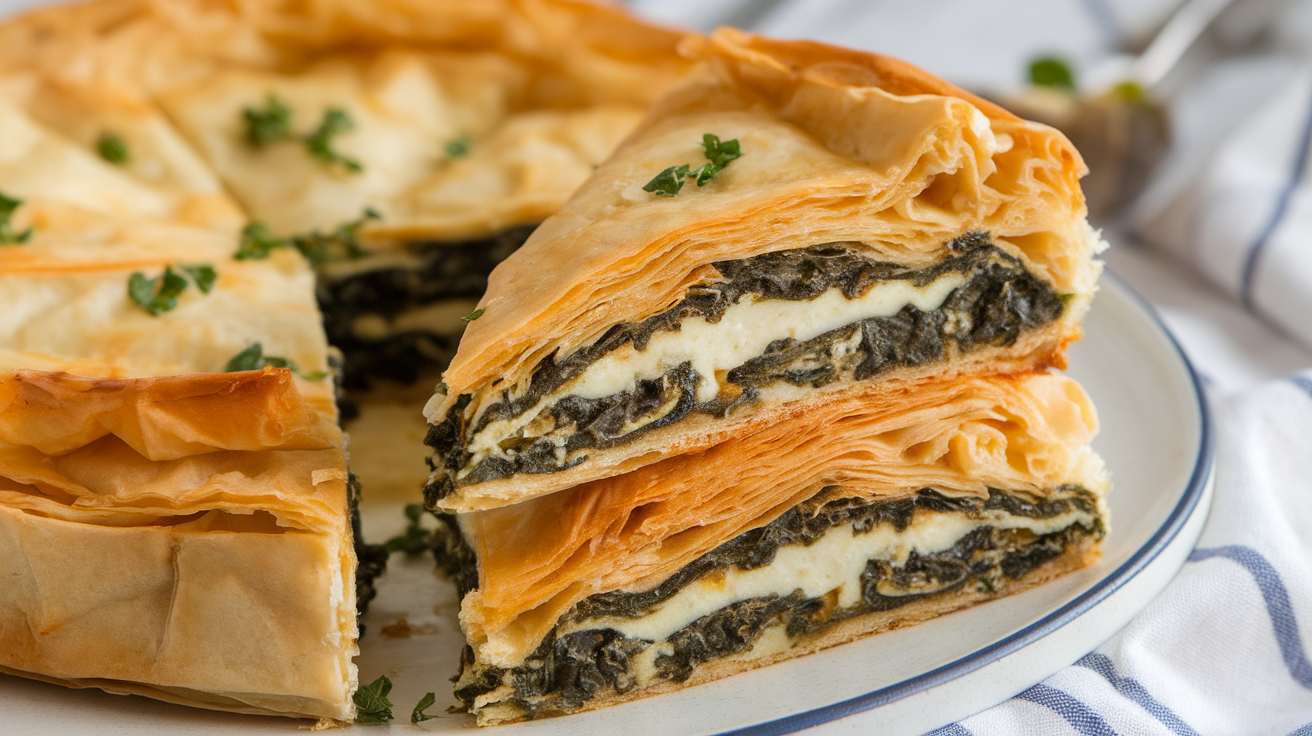Freshly baked Greek spinach pie (Spanakopita) with golden, flaky phyllo crust and a filling of spinach, feta cheese, and herbs on a rustic table.