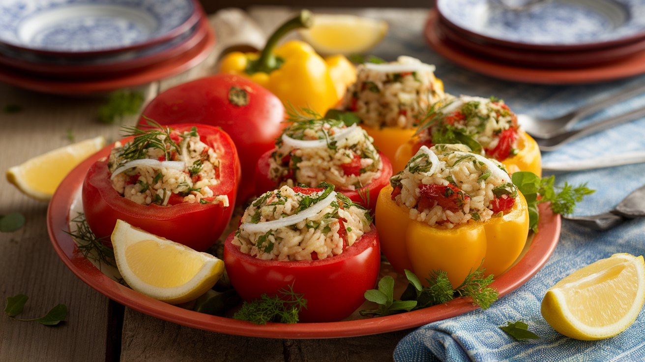 Fresh Greek stuffed tomatoes and peppers (gemista) with rice, herbs, and olive oil, baked to perfection.