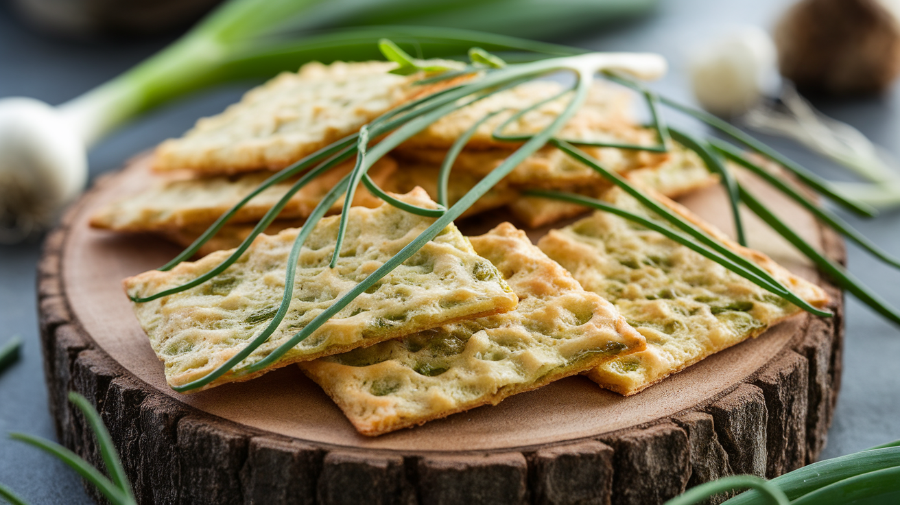 Crispy green onion crackers stacked on a white plate, garnished with fresh chopped green onions.