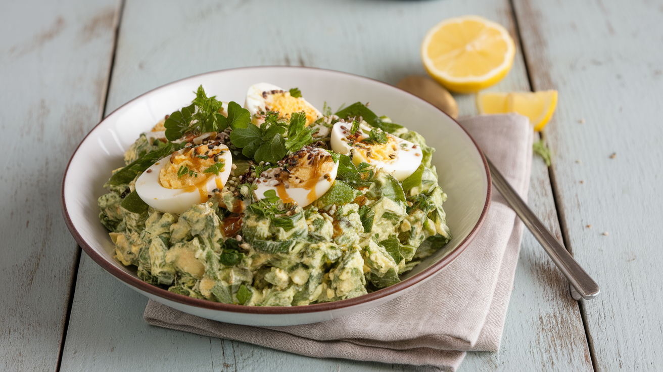 Creamy tahini egg salad with fresh herbs, avocado, and lemon on toasted whole-grain bread, garnished with microgreens.