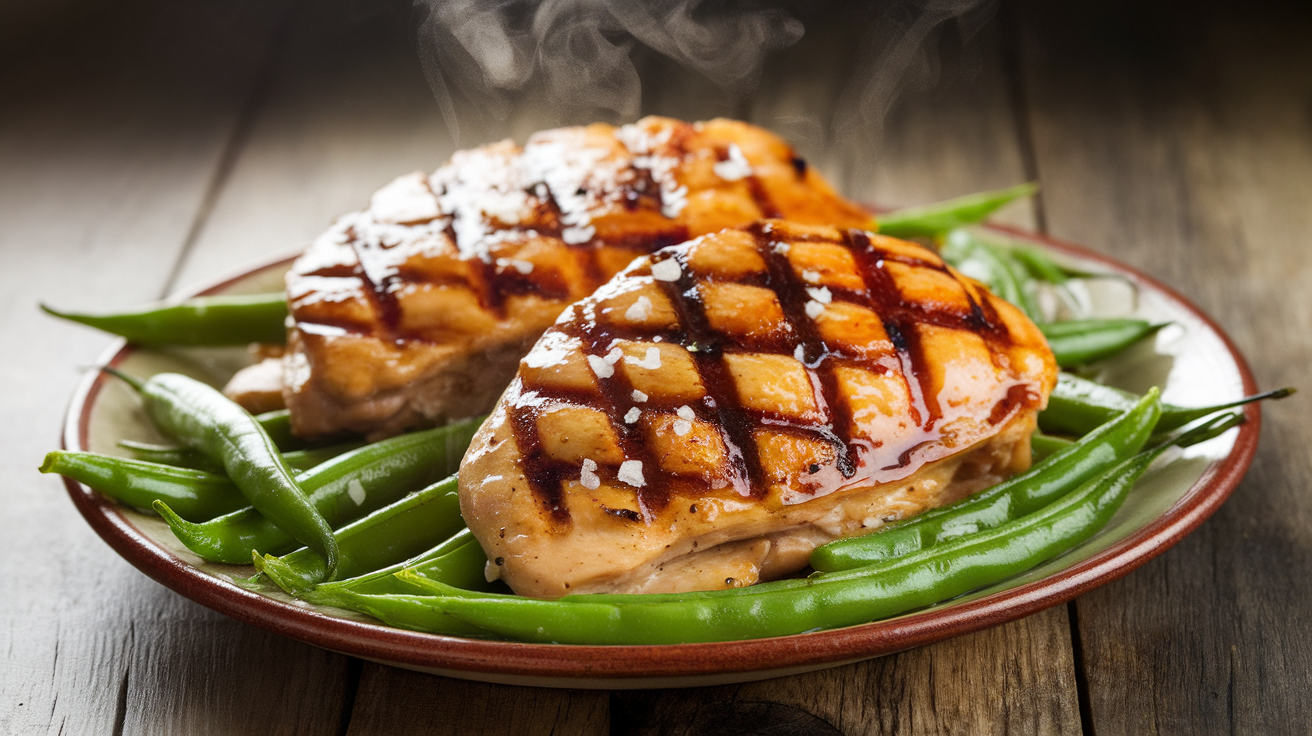 Juicy grilled chicken breasts glazed with honey mustard sauce, served with tender green beans on a white plate.