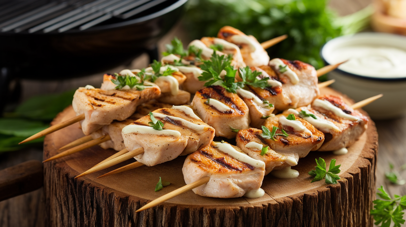 Juicy grilled chicken skewers coated in creamy ranch, garlic, and parmesan, served on a wooden platter with fresh herbs.