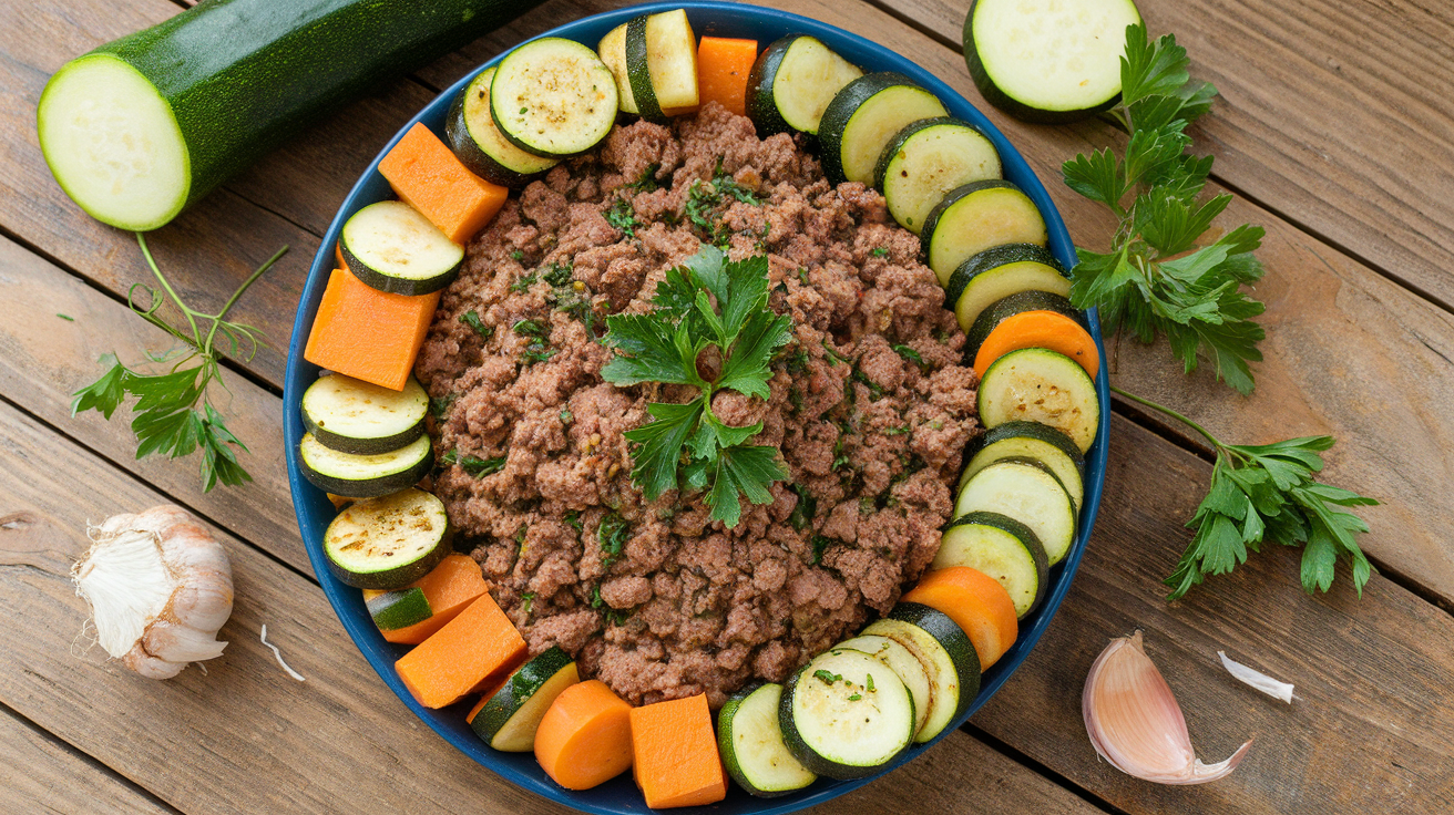 Hearty skillet with ground beef, sautéed zucchini, and roasted sweet potatoes garnished with fresh herbs.