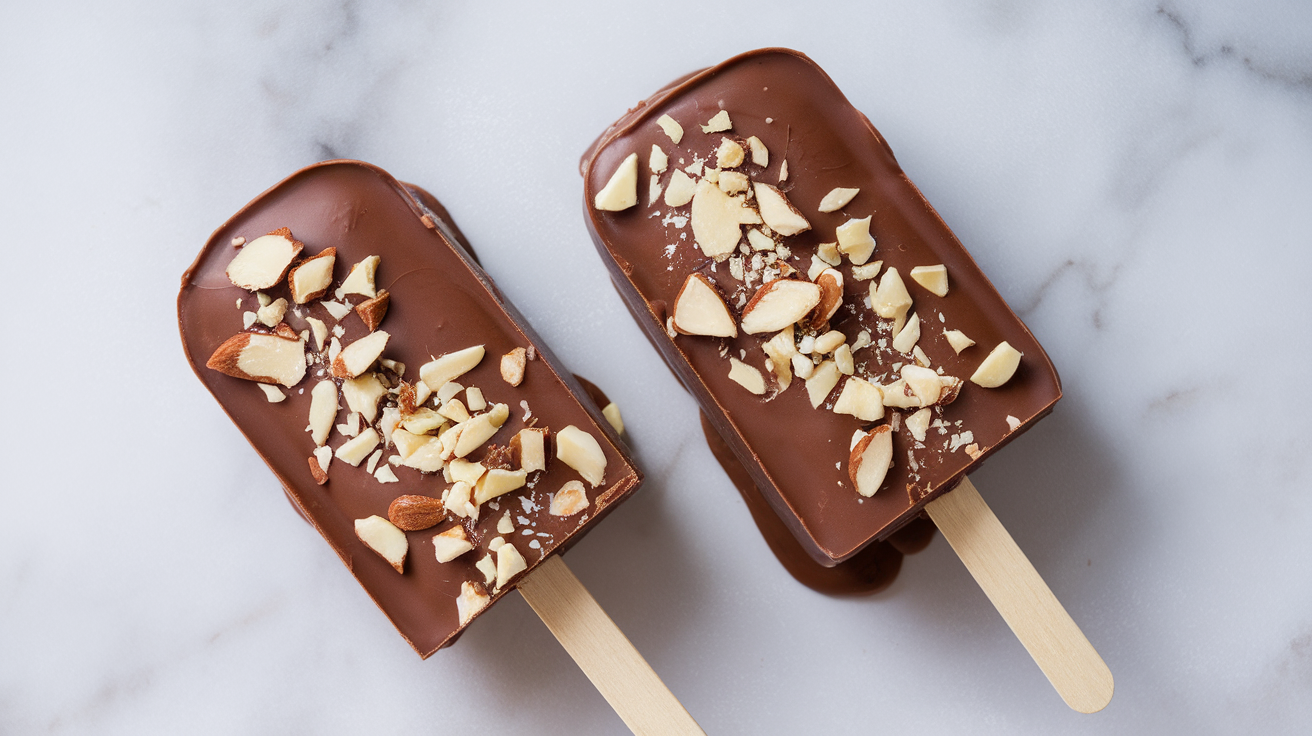 Creamy homemade Greek yogurt chocolate fudge pops on a wooden table with fresh berries and mint garnish.