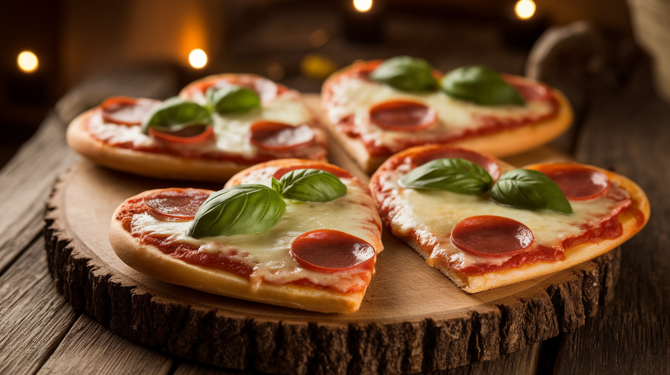 Heart-shaped mini pizzas with melted cheese and fresh basil on a wooden board