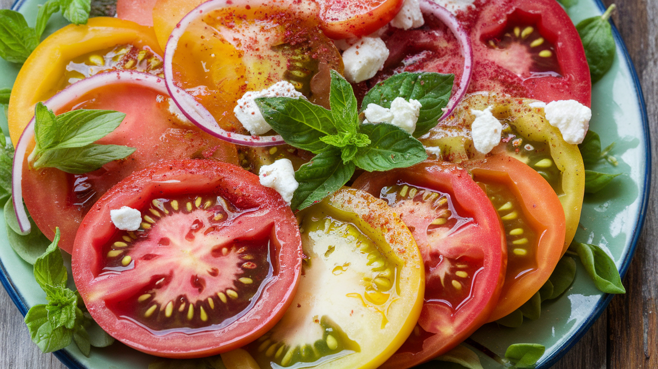 Colorful heirloom tomato salad with sumac spice, sliced cucumbers, red onions, and fresh herbs on a white plate, drizzled with olive oil.