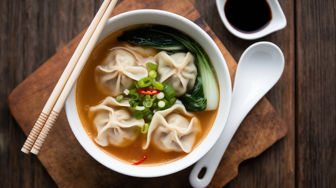 Homemade wonton soup in a white bowl with plump pork and shrimp dumplings, sliced green onions, and steaming aromatic broth.