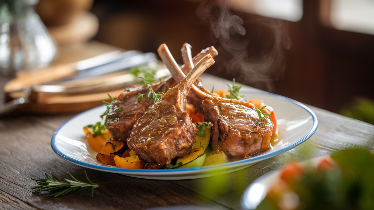 Close-up of juicy honey garlic lamb chops garnished with fresh herbs and lemon slices on a serving platter.