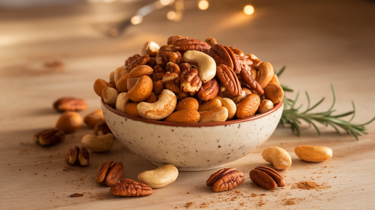 Bowl of homemade spiced nuts with almonds, pecans, and cashews seasoned with paprika and rosemary.