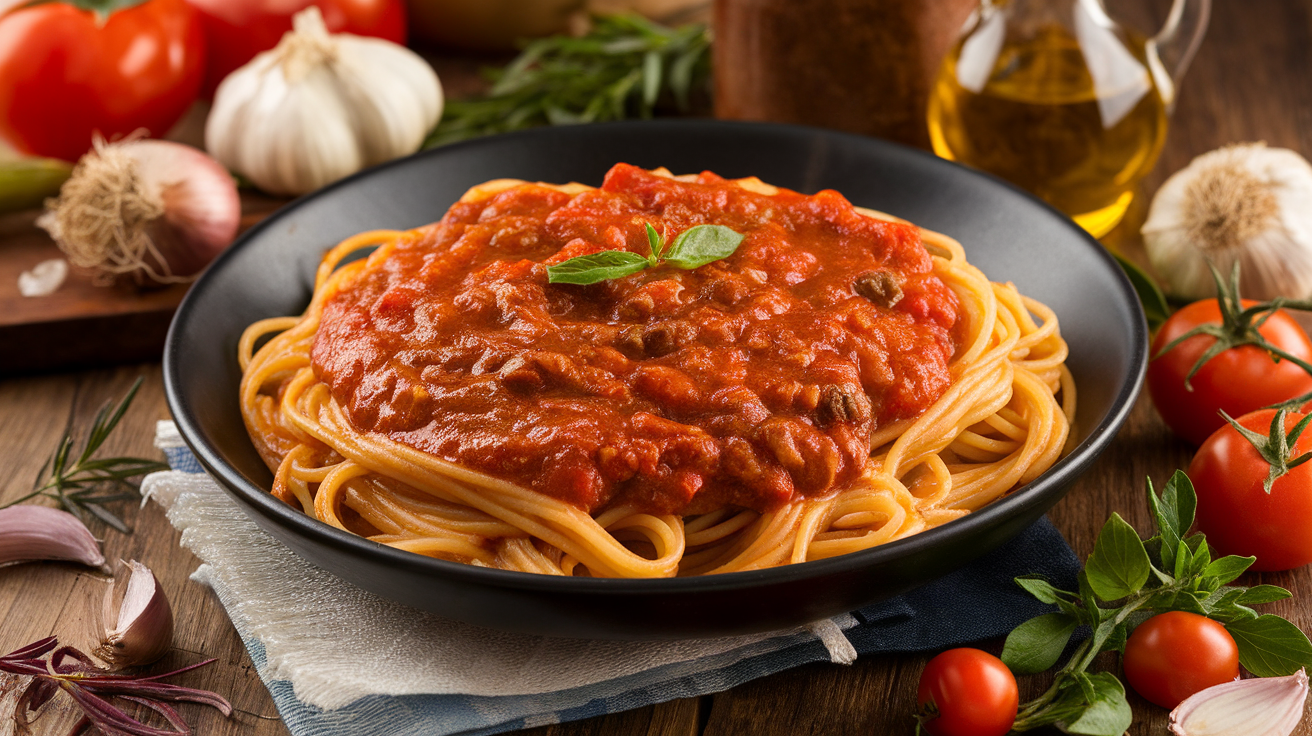 Homemade Italian Beef Bolognese Sauce simmering in a pot with ground beef, tomatoes, herbs, and onions, served over pasta.