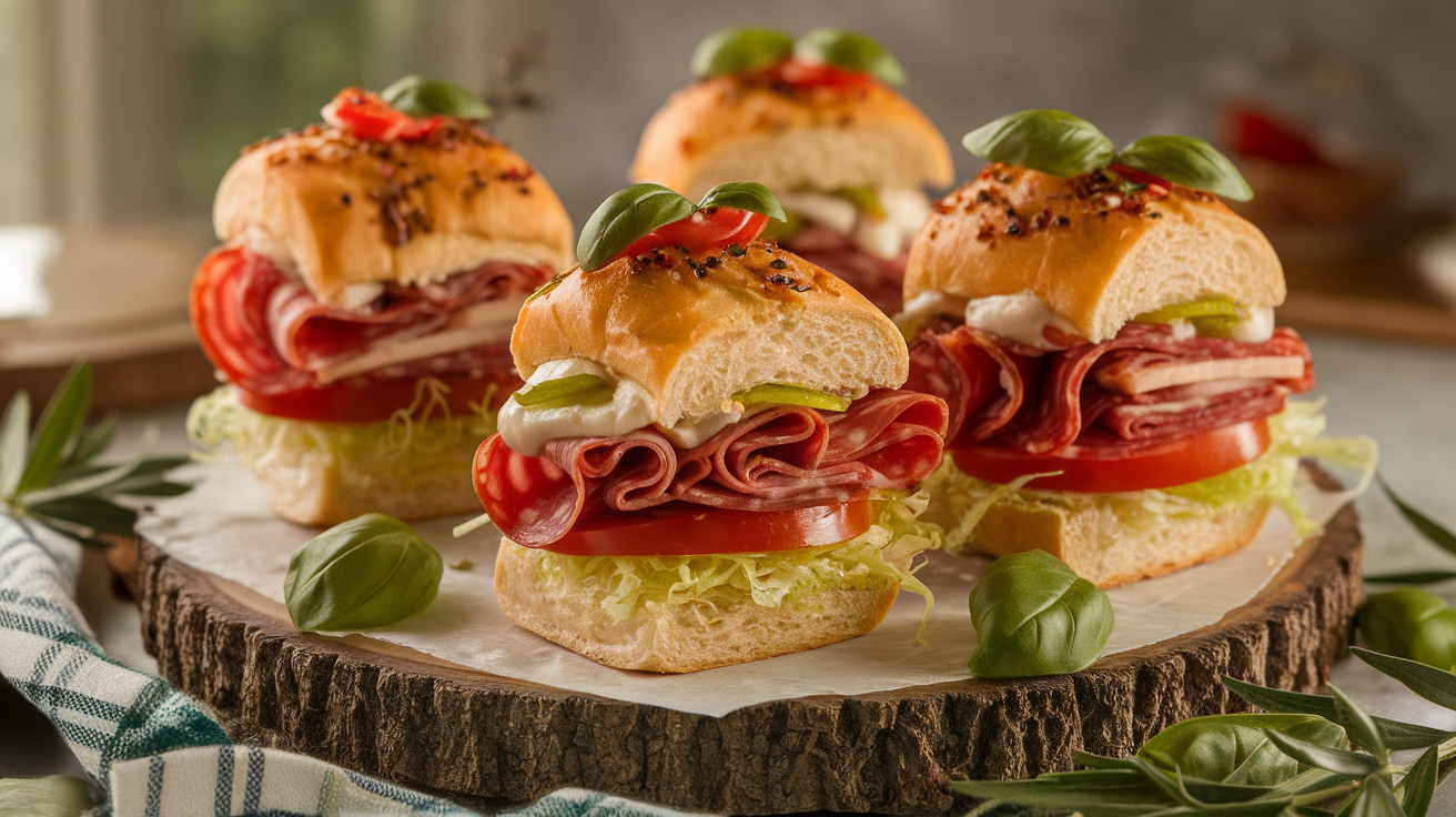 Freshly baked Italian Grinder Sliders with layers of salami, ham, provolone, banana peppers, lettuce, and Italian dressing on mini brioche buns.