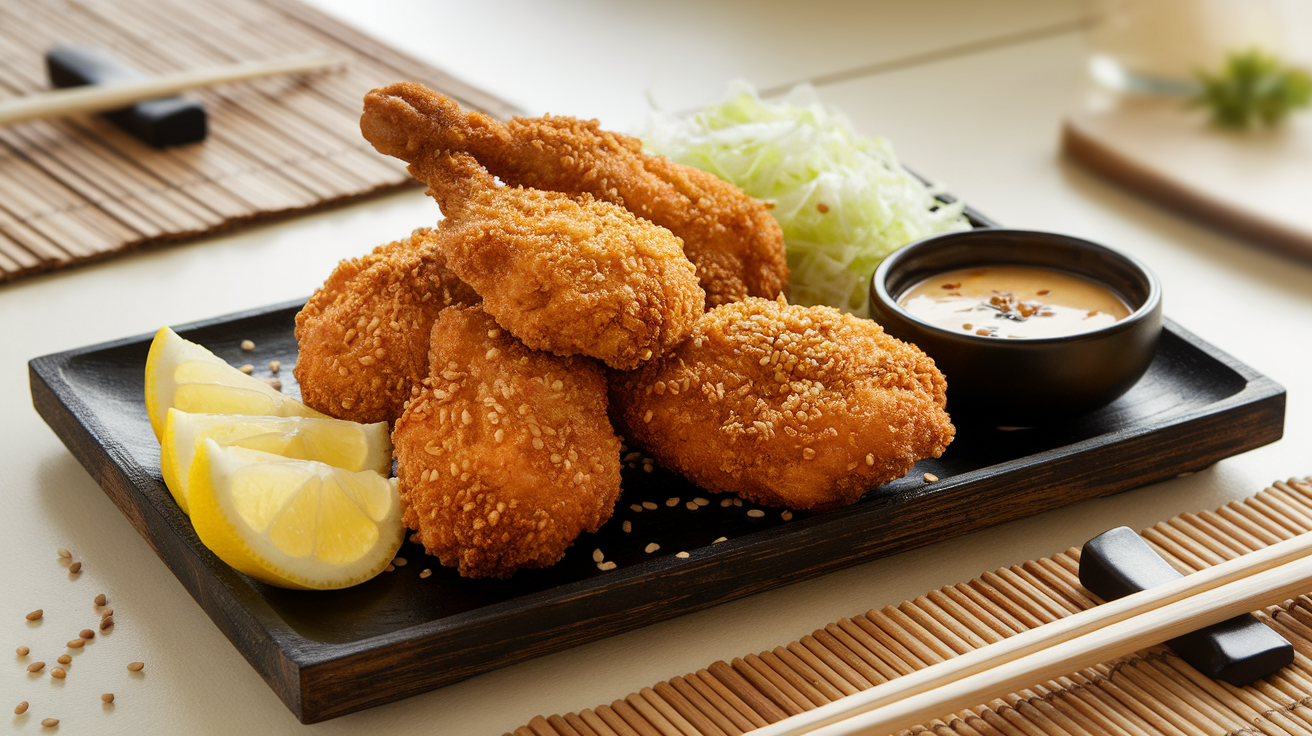 Close-up of crispy golden-brown Chicken Karaage served with lemon wedges and a side of Japanese mayo.