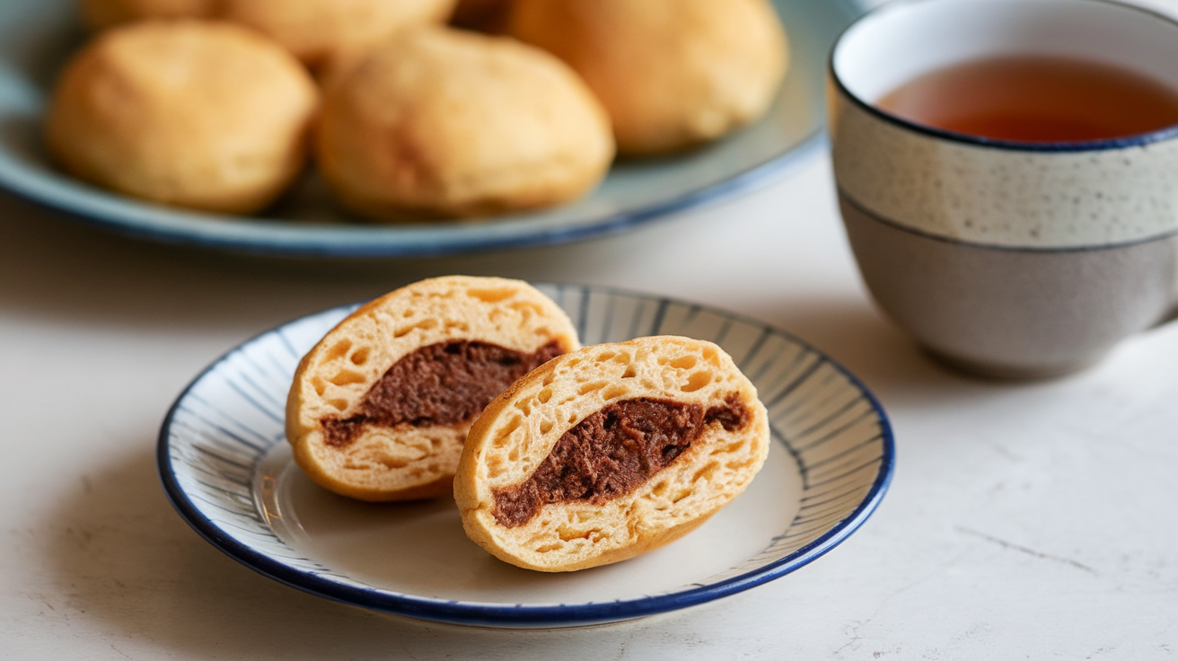 Close-up of authentic Japanese dorayaki pancakes filled with sweet red bean paste, stacked on a plate and served with green tea.