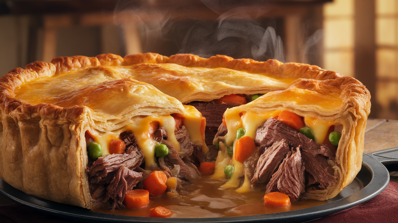 Golden-brown brisket pot pie with melted cheddar and Monterey Jack cheese, flaky crust, and savory filling on a rustic table.