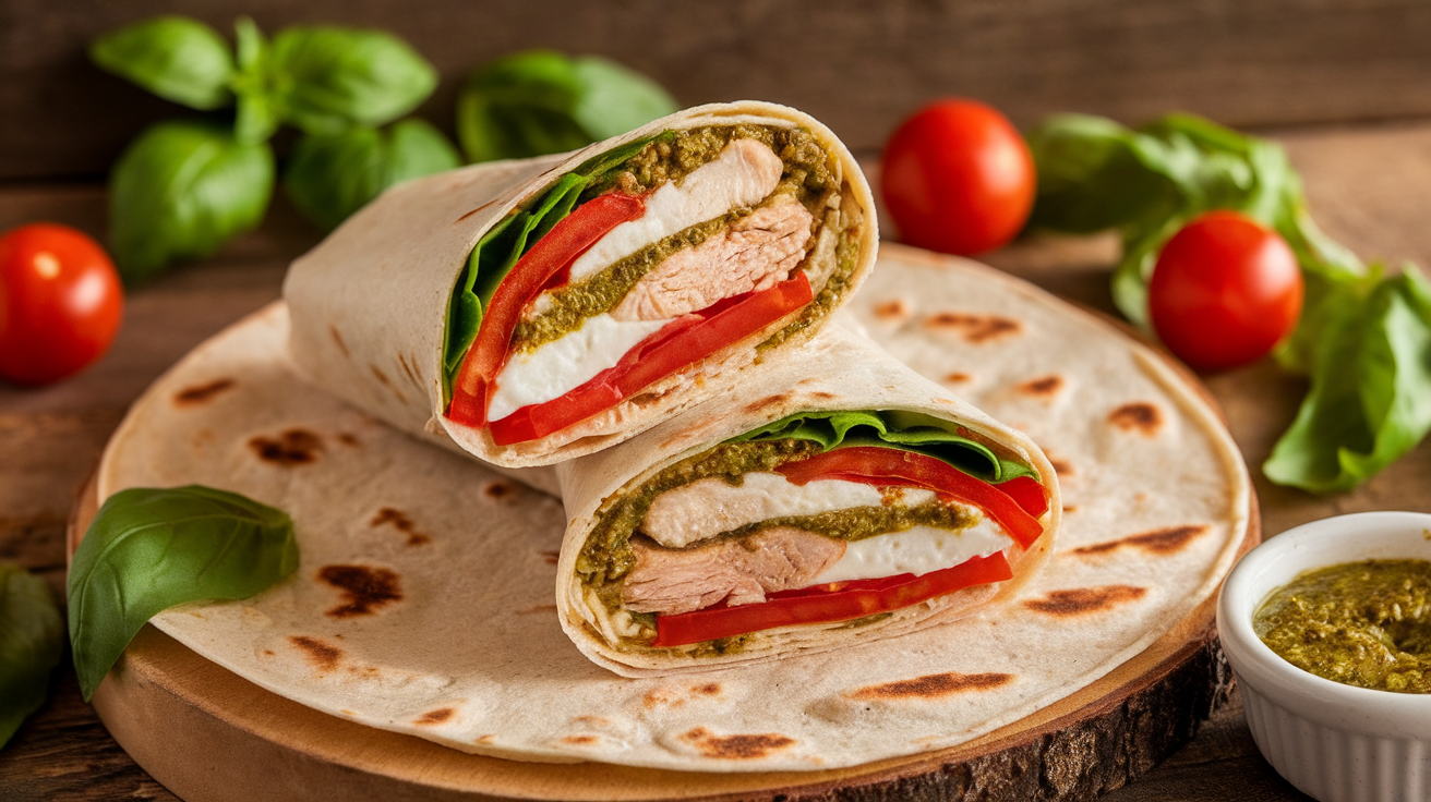 Fresh Chicken Pesto Caprese Wrap with grilled chicken, mozzarella, tomatoes, basil pesto, and greens on a toasted tortilla.