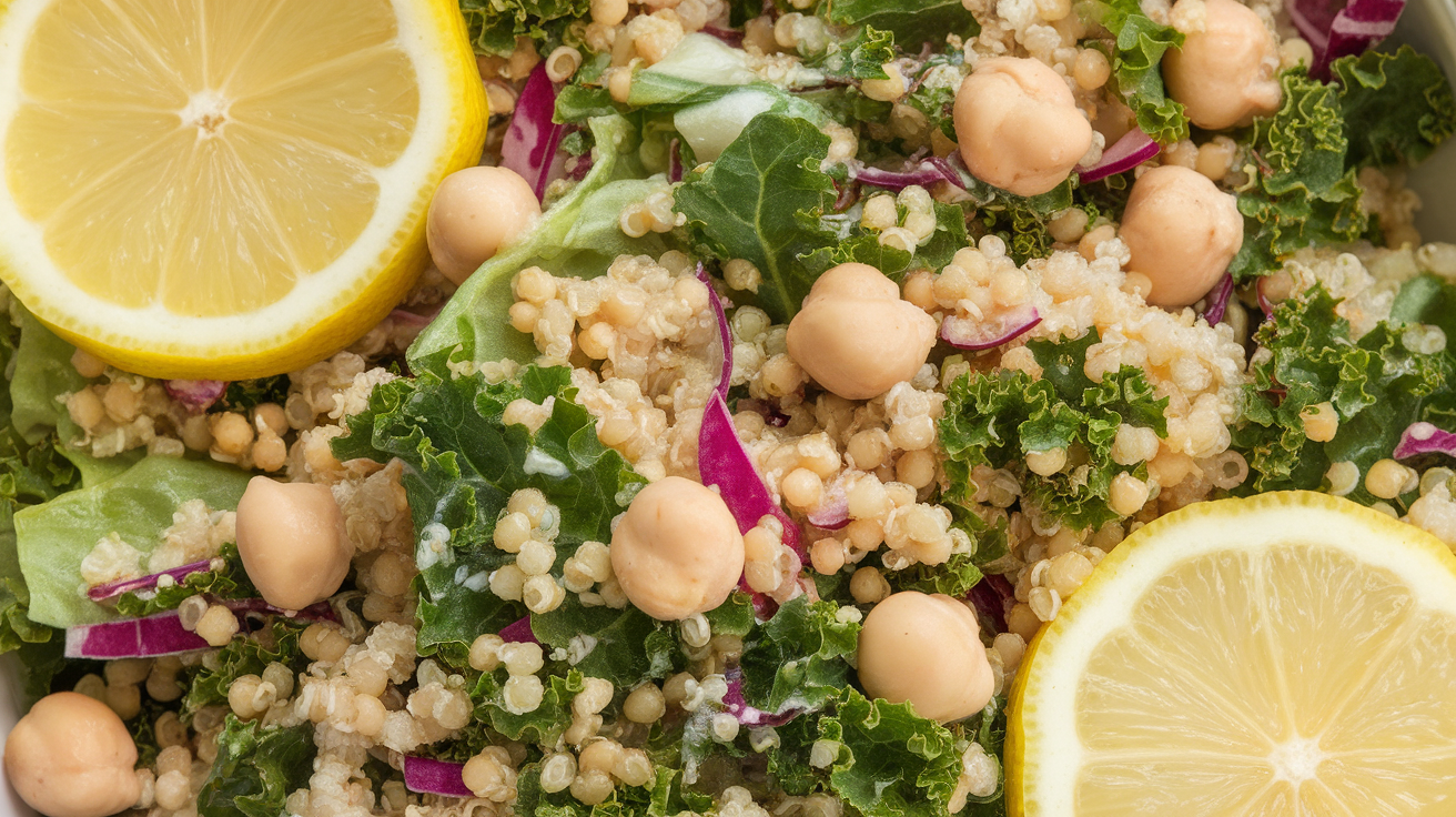 A vibrant bowl of kale and quinoa chickpea salad topped with a bright lemon dressing and garnished with fresh herbs.