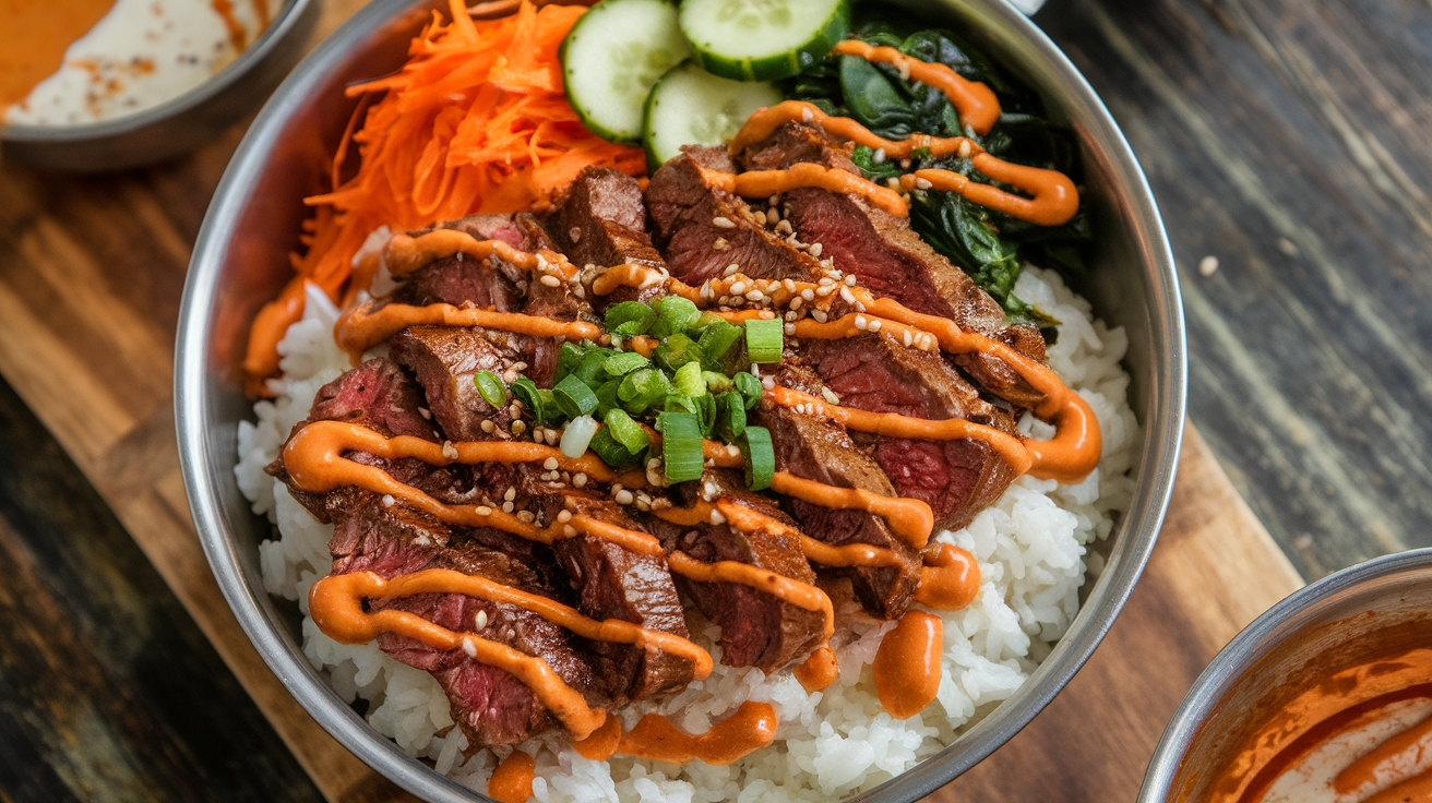 A Korean BBQ steak rice bowl topped with sliced grilled beef, colorful vegetables, steamed rice, and drizzled with spicy cream sauce, served in a rustic ceramic bowl.