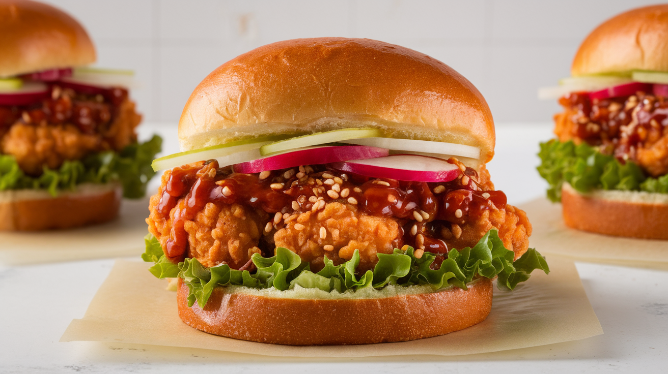 Crispy Korean fried chicken sandwich with fresh lettuce and spicy sauce on a toasted bun